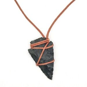Black Obsidian Arrowhead Pendant Necklace Brown Cord Wrap Hand Knapped Stone